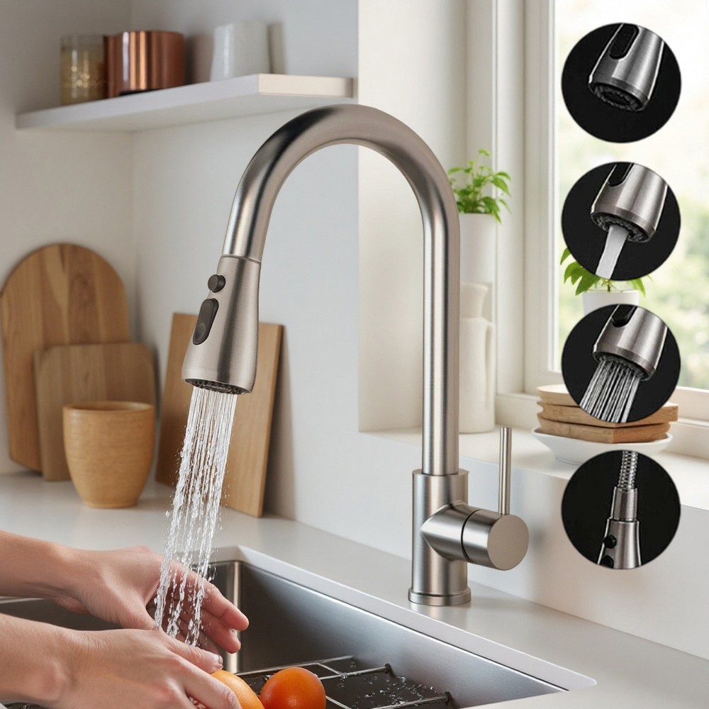 Kitchen Sink Faucet Brushed Nickel Single Handle Swivel Pull Down Sprayer Mixer