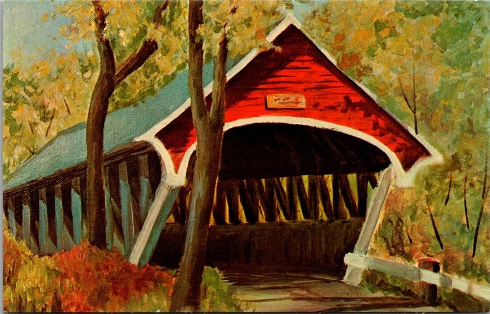 Lancaster NH Covered Bridge Dexter Press Postcard 1964 Painting Helen Carr