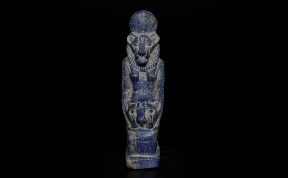Ancient Egyptian Antiques Blue Faience Sekhmet Seated Statue Lion Goddess Figure