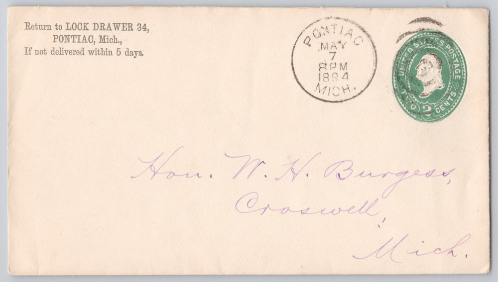 Pontiac, Mich., Lock Drawer 34 printed envelope, 2c green indicia, USA 1894