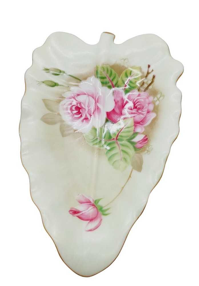 Lefton China Hand Painted Green Cabbage Leaf Rose Trinket Candy Dish 1860