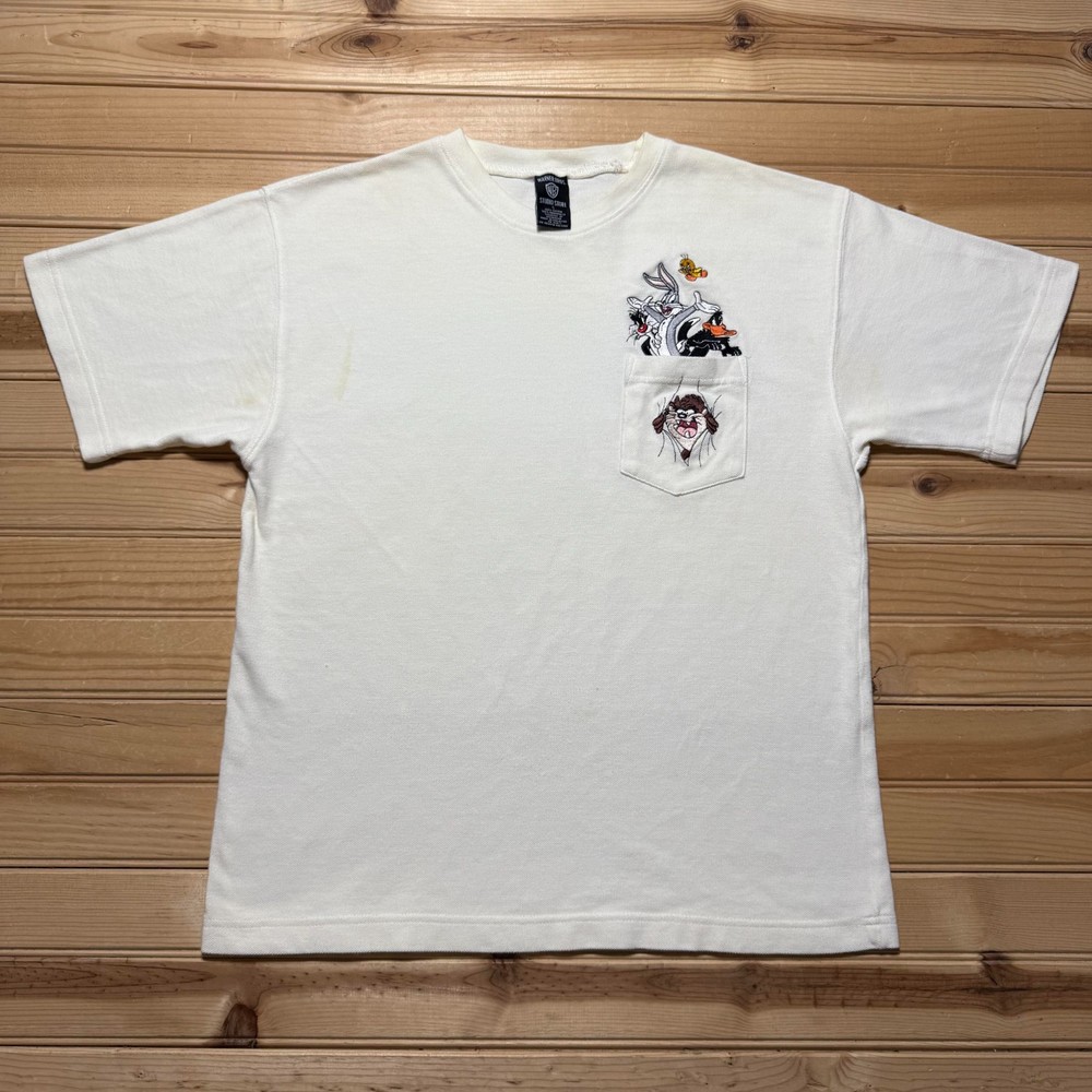 Vintage 90s Warner Bros Looney Tunes Characters Embroidered Pocket T-Shirt Small