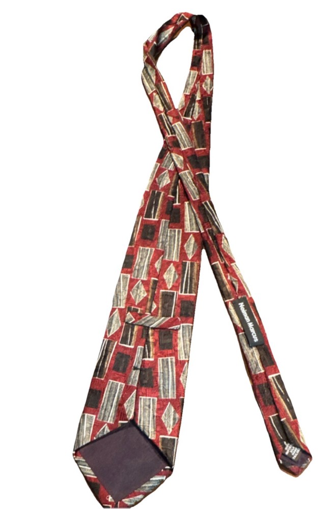 Neiman Marcus Men's 100% Silk Tie Burgundy Black Gray Geometric Pattern Handmade