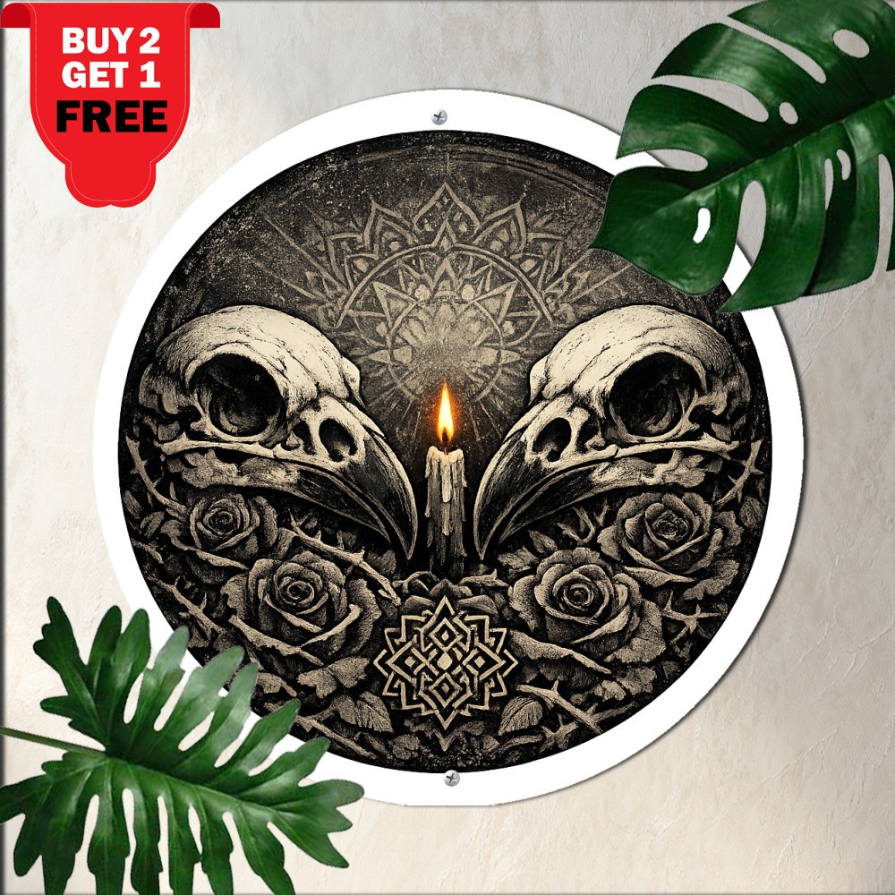 Gothic Skull And Roses Tattoo Flash Round Art Aluminum Tin Metal Sign 8x8