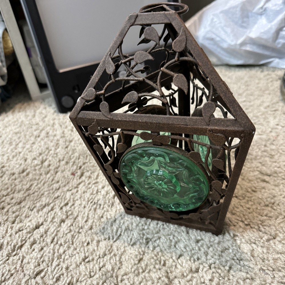 Vintage Partylite La Rosette Hanging Lantern Green Glass Tea Light Candle Holder