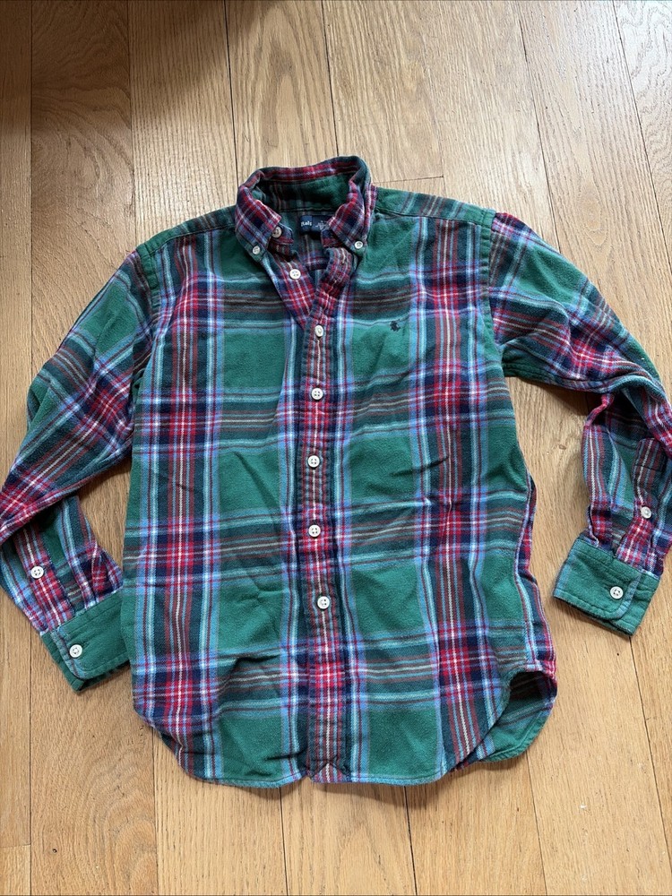 Ralph Lauren Polo Boys S 8 Button Down long Sleeve Plaid Flannel shirt Green