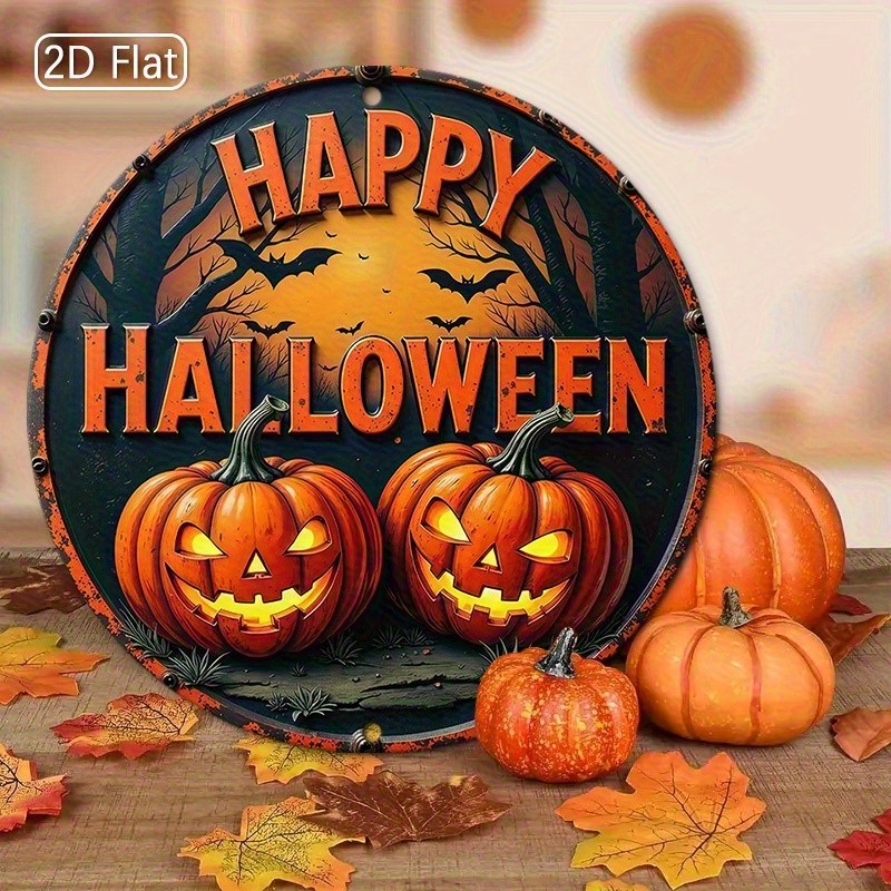 Halloween Ghost Pumpkin Lanterns Bats Metal Wall Decor 8x8in