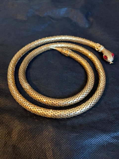 Vintage Gold Tone Mesh Snake Belt/ Necklace with Red Eyes