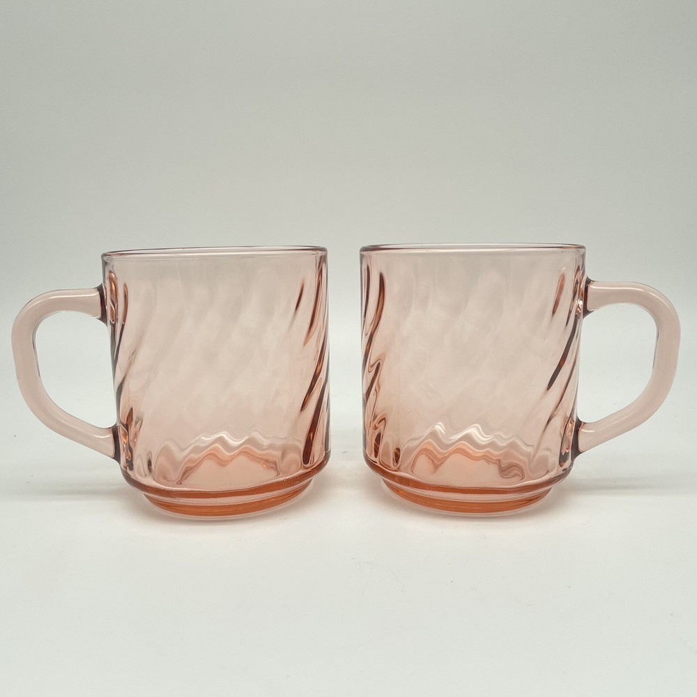 Arcoroc France Rosaline Pink Swirl Glass Mugs 8 oz Depression Glass Tea 2