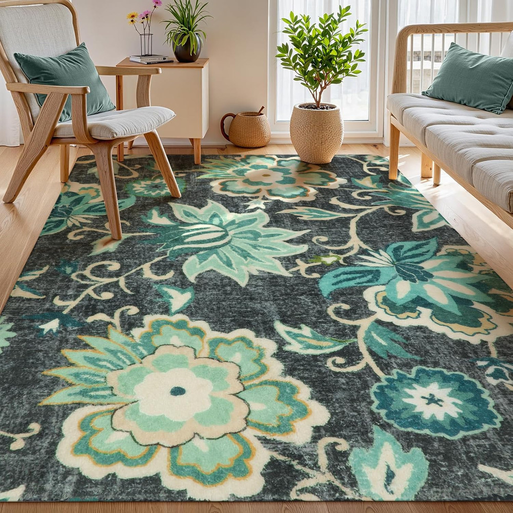 Floral Area Rug for Living Room - 4 X 6 Rug Washable Non-Slip Soft Rugs for Bedr