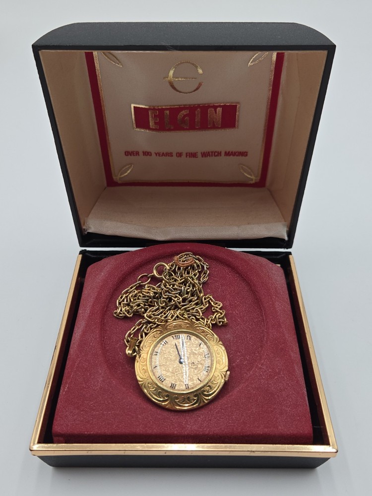 Vintage Elgin Pendant Necklace Watch 10K Rolled Gold Plate Box Papers Chain