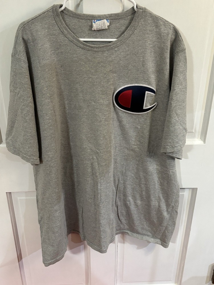 VINTAGE Champion T-Shirt Big C Heritage Embroidered Patch Gray Men 2XL
