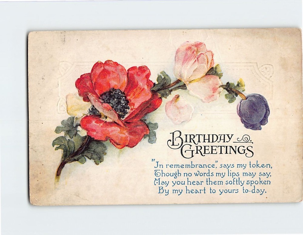 Postcard Birthday Greeting Card with Poem and Flowers Embossed Art Print