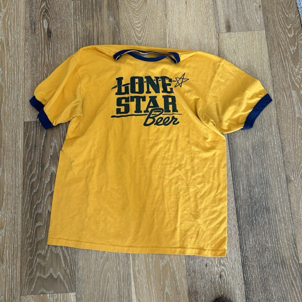 Lone Star Beer Graphic Logo Ringer Crew Neck T-Shirt Men L Yellow Blue