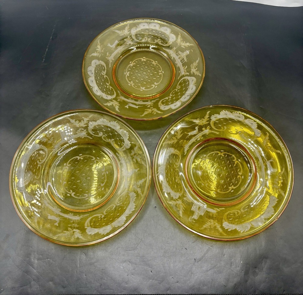 Bohemian Amber Cut To Clear 3 Plates 8” Wide Castle,deer,forest,hunting