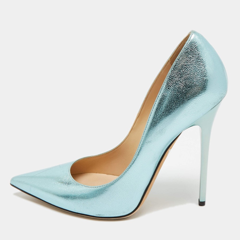 Jimmy Choo Light Blue Foil Leather Pointed Toe Pumps Size 38.5