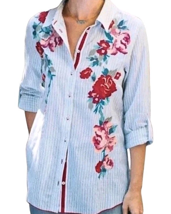 Soft Surroundings Floral Embroidered Button Down Cotton Shirt Sz 1x