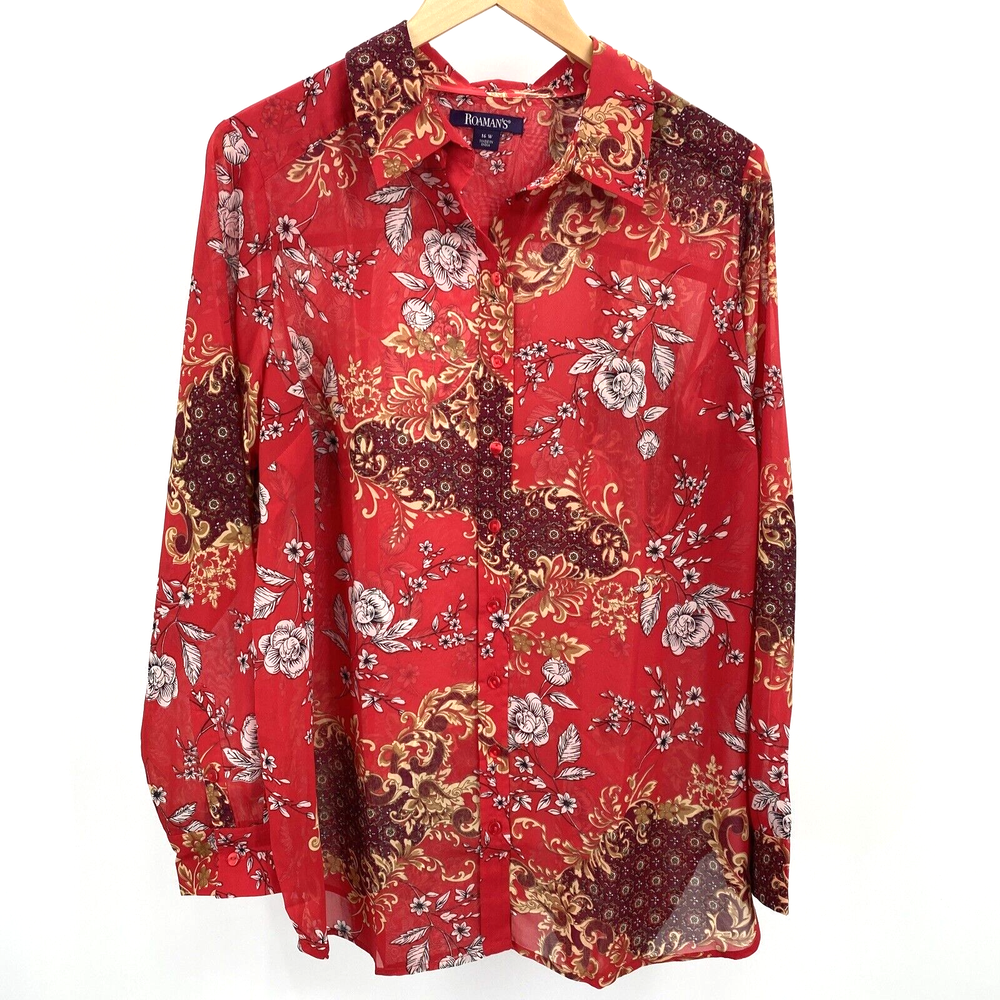 Roaman's Blouse Womens 16 Red Floral Semi Sheer Collared Button Up Shirt
