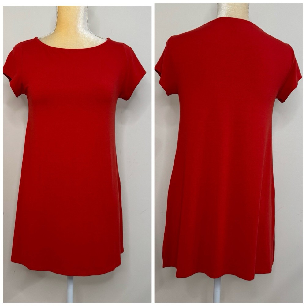 Eileen Fisher Short Sleeve Jersey Knit T-shirt Dress Size XS Red Orange Stretch