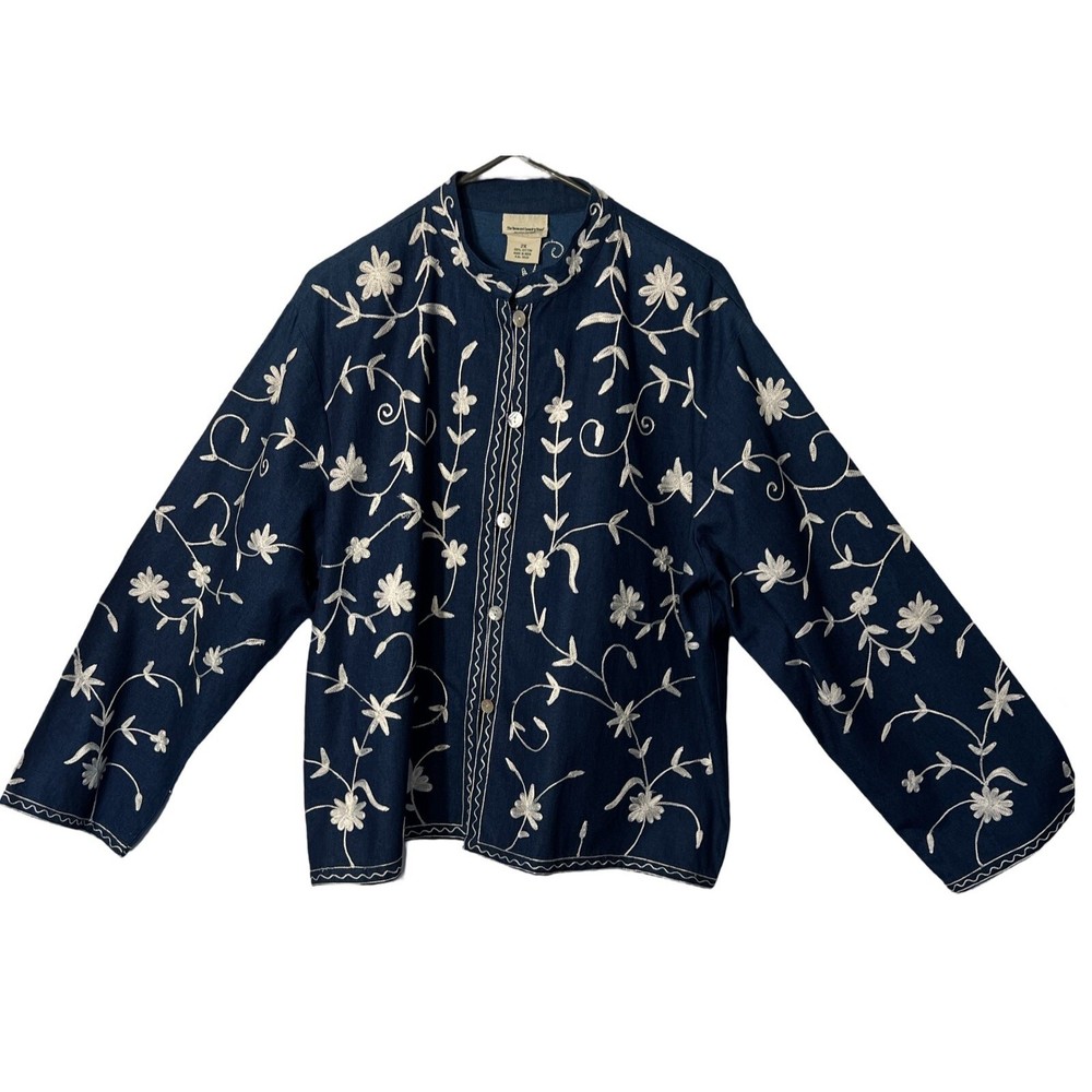 Vermont Country Store Womens Plus Size 2X Blue Floral Embroidered Long Sleeve Top