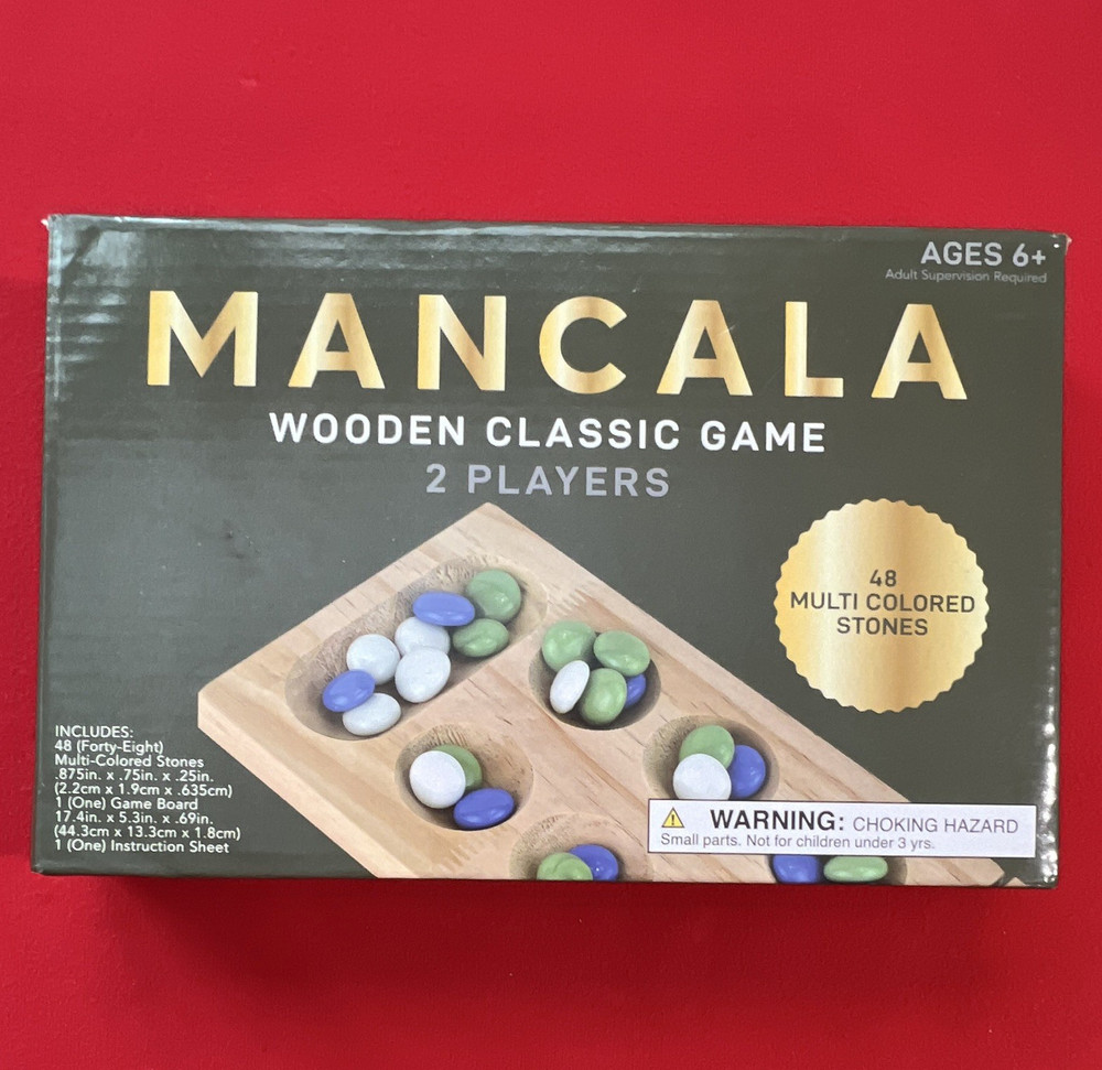 Mancala Wooden Strategy Board Game Complete Set, 2 Players, Ages 6+, 48 Stones