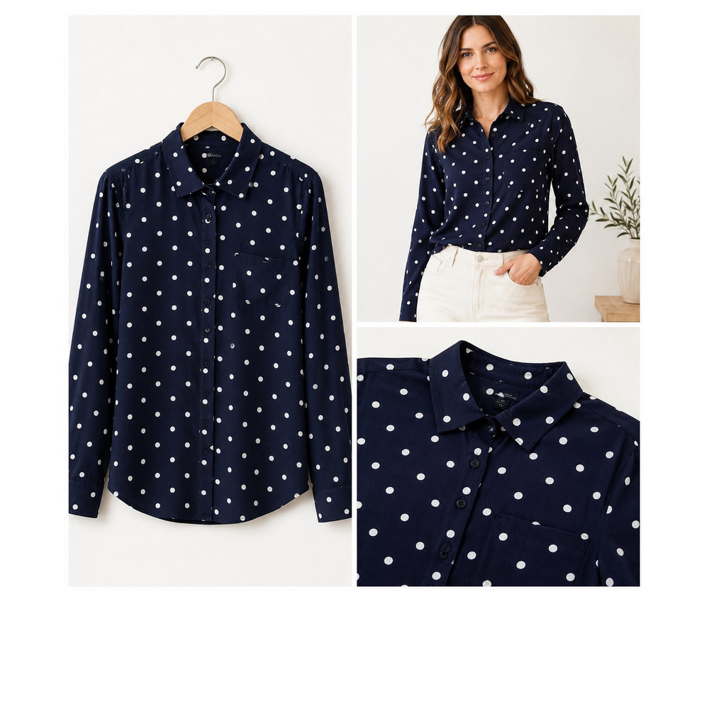 Women’s 2XL Blue/White Polka Dot Collared Button-Up Blouse - Long Sleeve