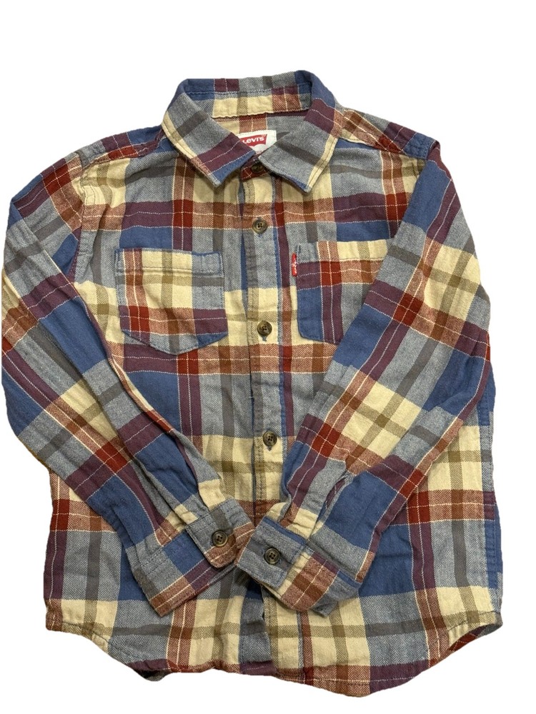 Levi’s Boys Plaid Flannel Shirt Size 5-6 Years Button Front Long Sleeve EUC