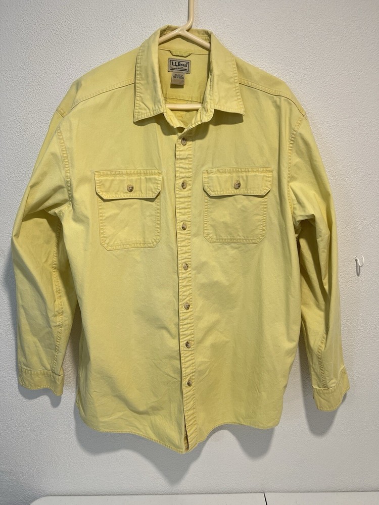 LL Bean Mens Large Tall Yellow Canvas Long Sleeve Button Down Shirt