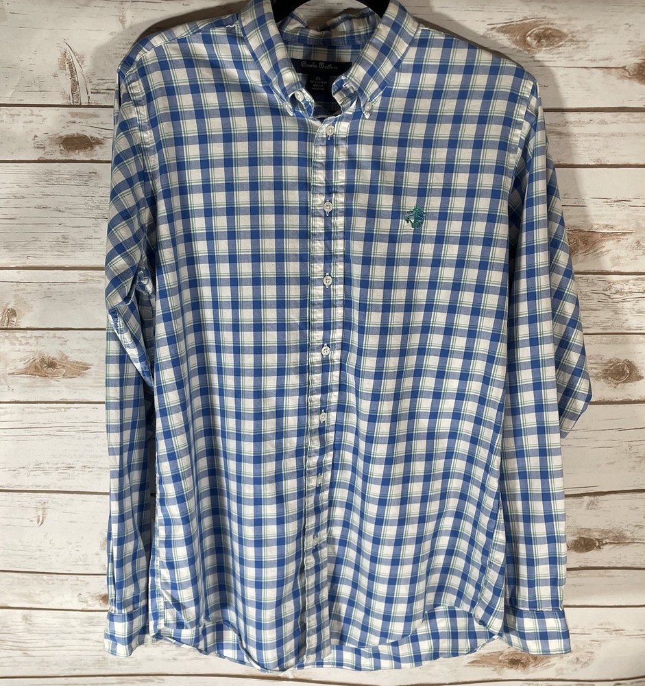 Brooks Brothers Boys' XL Plaid Button Down Shirt Blue Green White Check