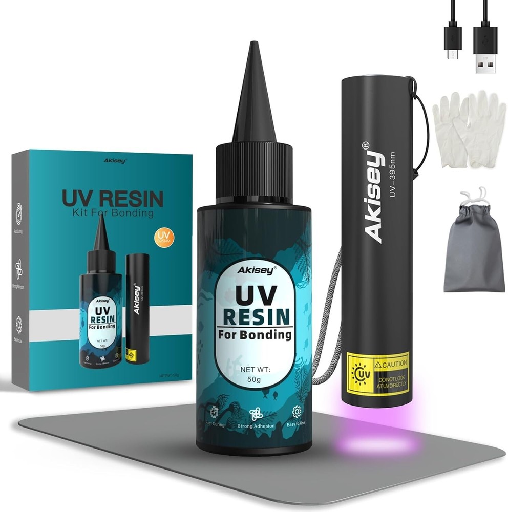 50g UV Resin Kit with Rechargeable 395NM Flashlight for Fast Curing Jewelry Crafts