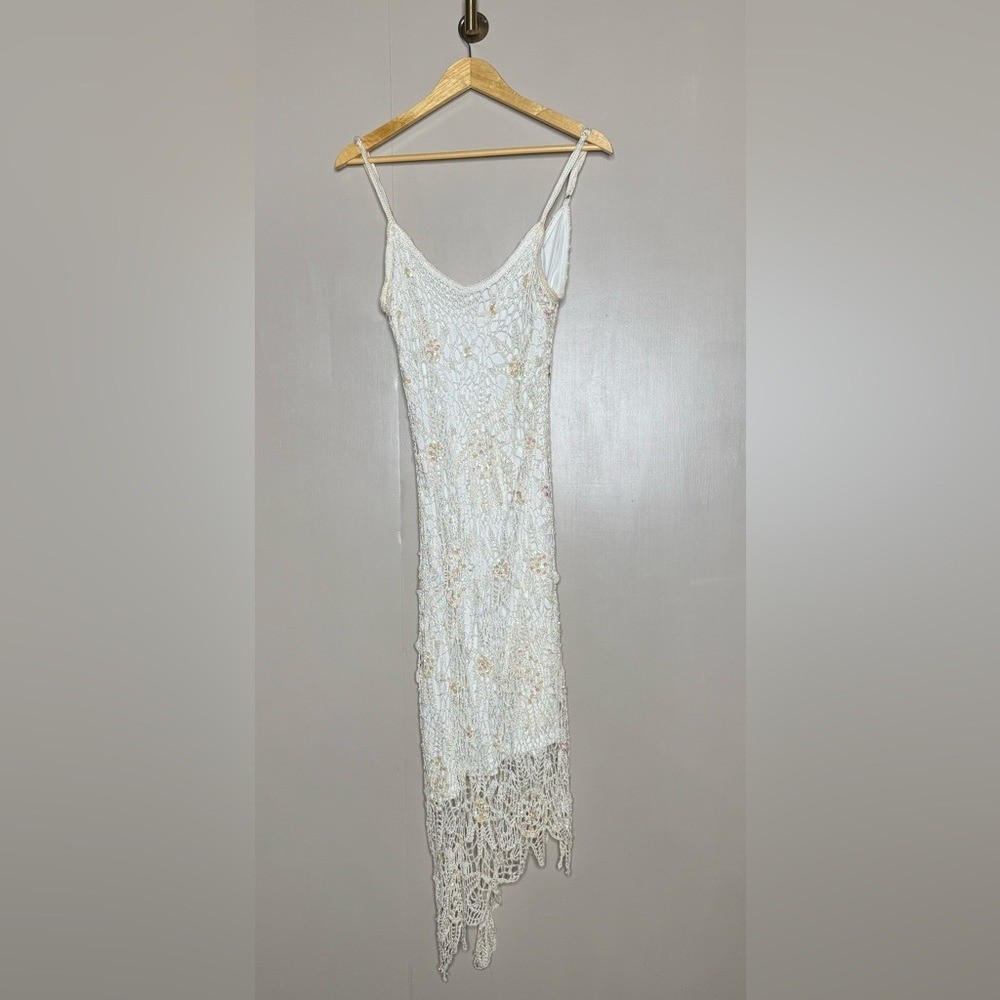 1970s Krocheta Papillon Crochet Maxi Dress Ivory Sequin Boho Asym Hem