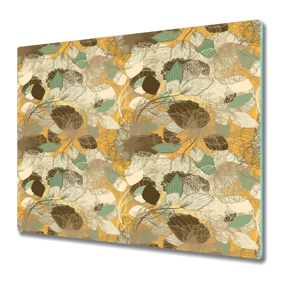 Serving Chopping Board Glass Cover Abstract Floral golden brown white and green