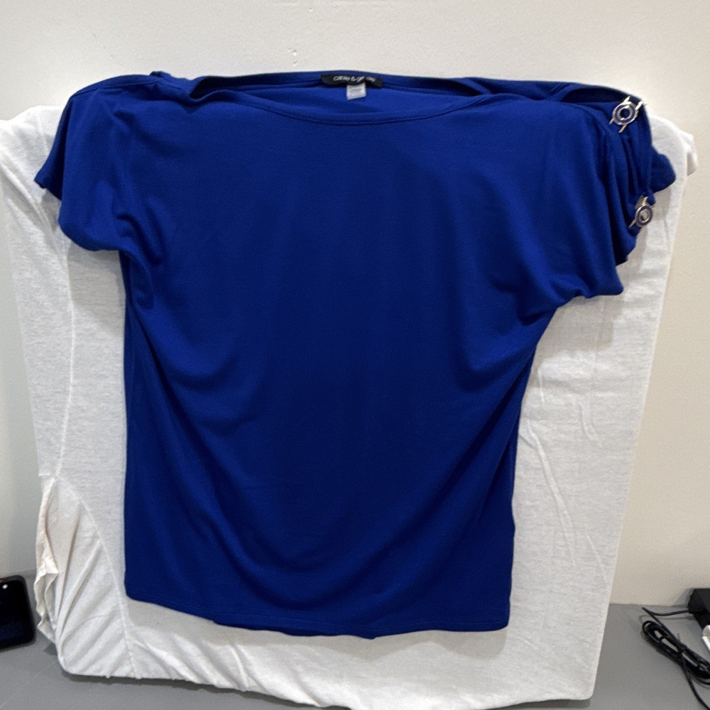 Cable & Gauge Women's Scoop Neck Solid Knit Pullover T-Shirt Blue Size XS