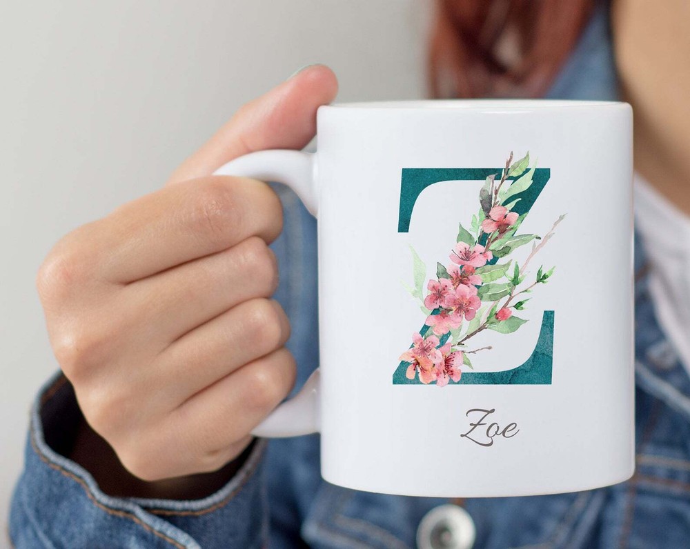 Personalized Monogram Initial Name Mug Floral Alphabet Cup Birthday Gift
