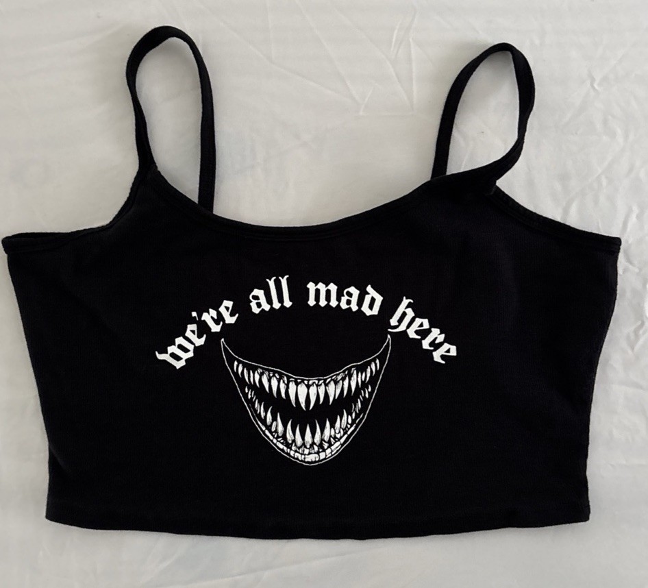 Social Collision Hot Topic Blk, Crop Top Sz 1 We’re all Mad Here, Grunge, Goth ￼