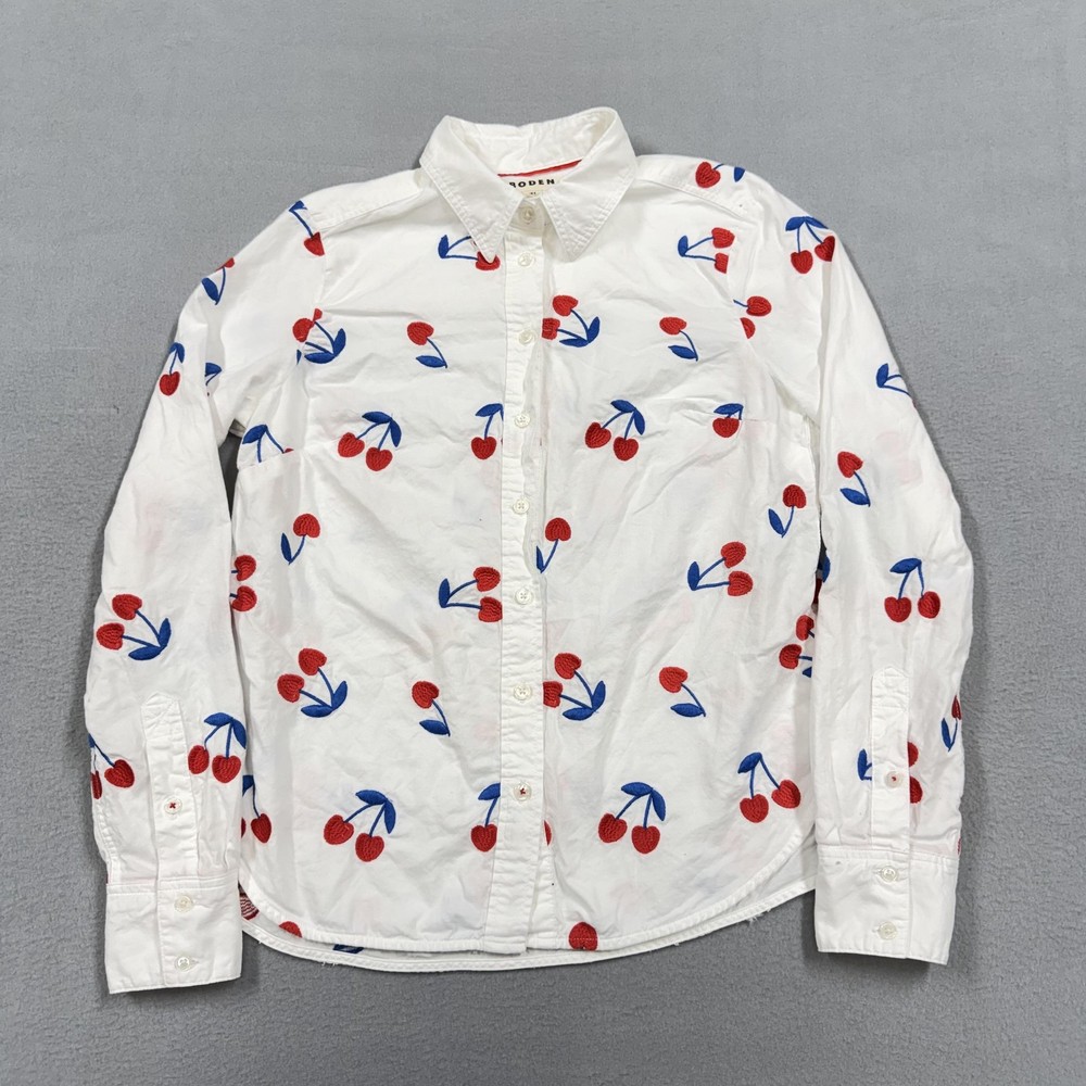 Boden Button Up Shirt Womens 4 White Cherry Embroidered Long Sleeve Collared Top
