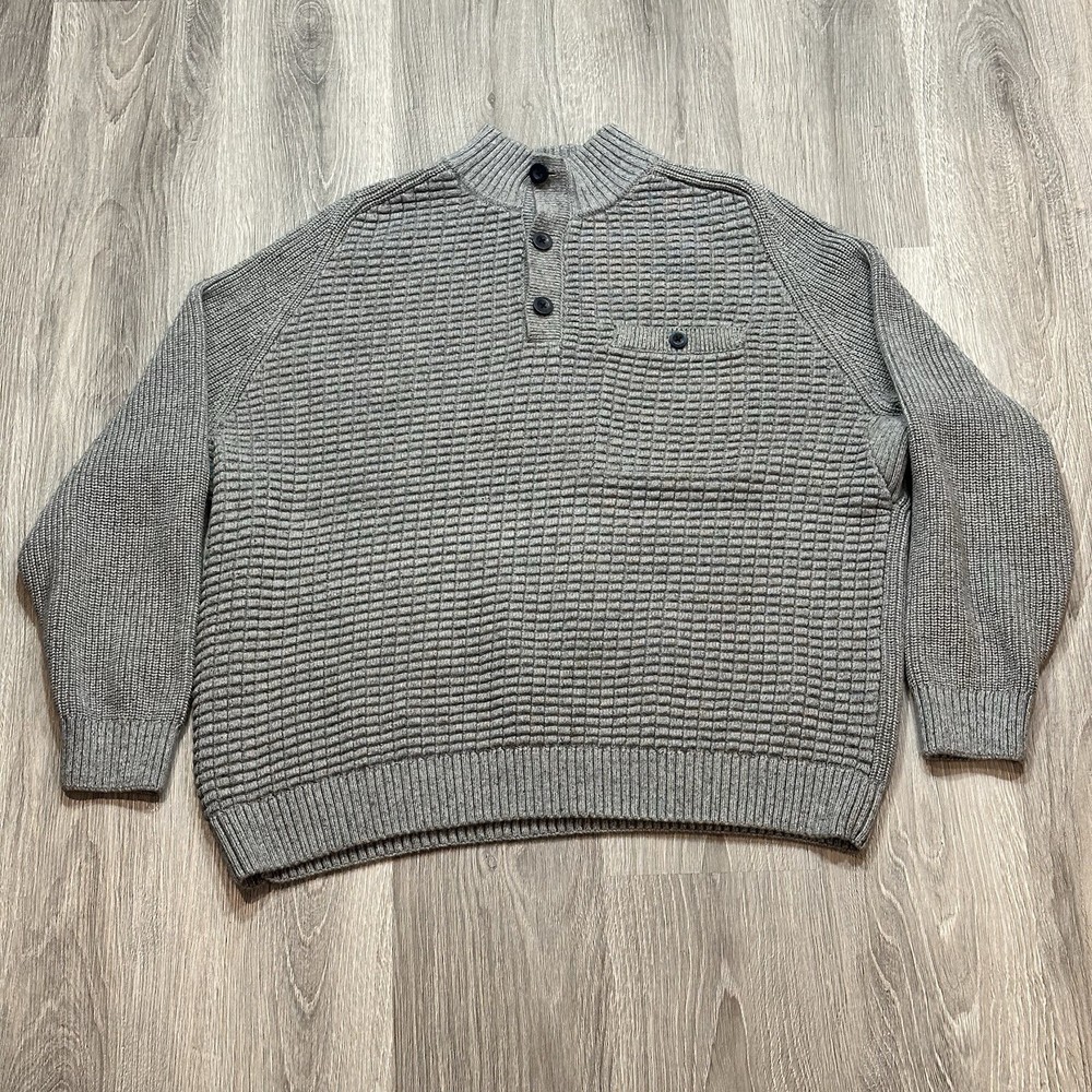 Duluth Burly Retirement Button Mock Sweater Mens 2XL Gray Heavy Pullover