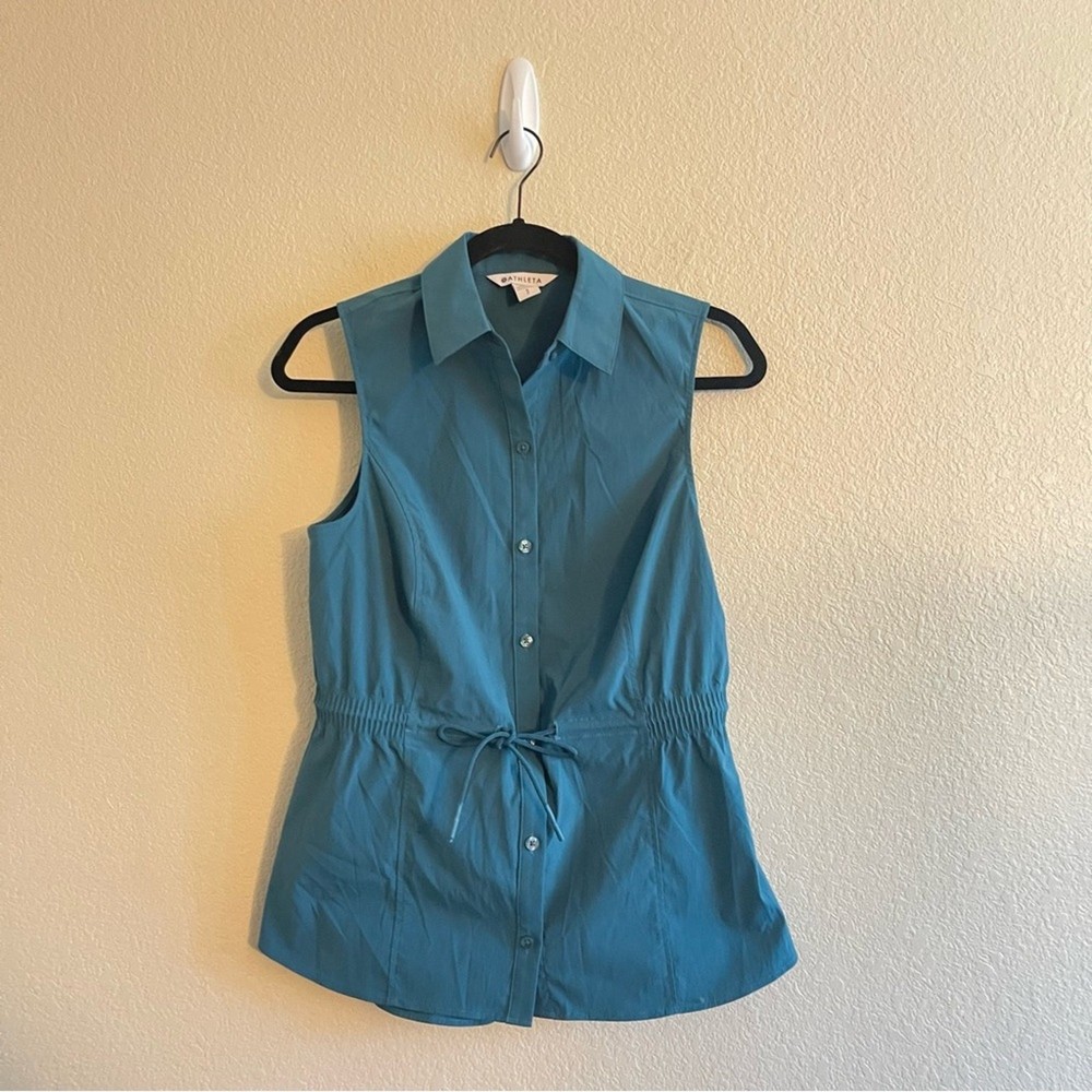 Athleta Levitate Poplin Tank Top Vest in Teal Green Button Down Women's Small
