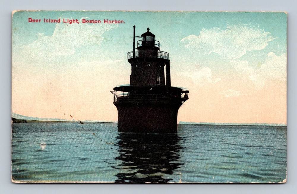 Vintage Deer Island Light Boston Harbor Postcard 1918 Scenic View
