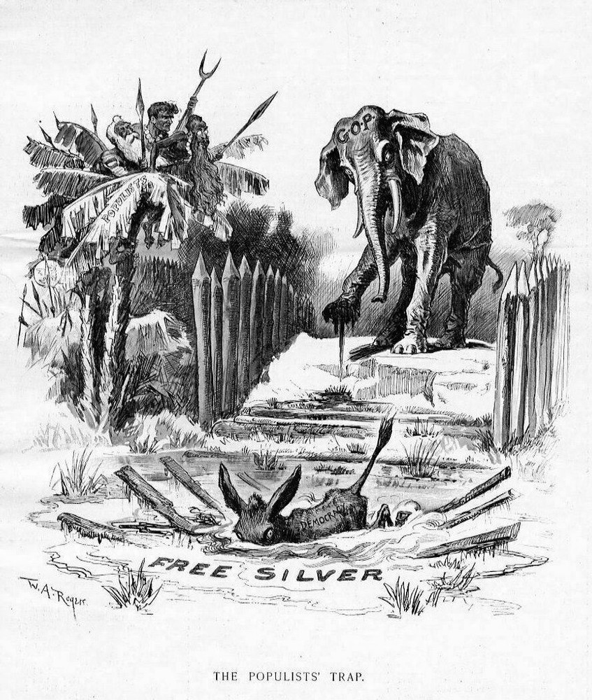 REPUBLICAN ELEPHANT AND DEMOCRATIC DONKEY POLITICAL FREE SILVER 1896 POLITICS