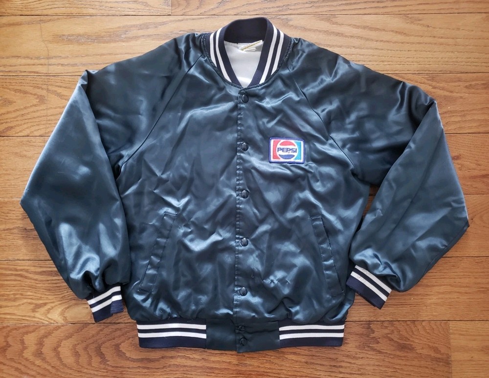 Vintage Pepsi Cola Patch Satin Snap Button Bomber Jacket Navy Blue Medium 80s