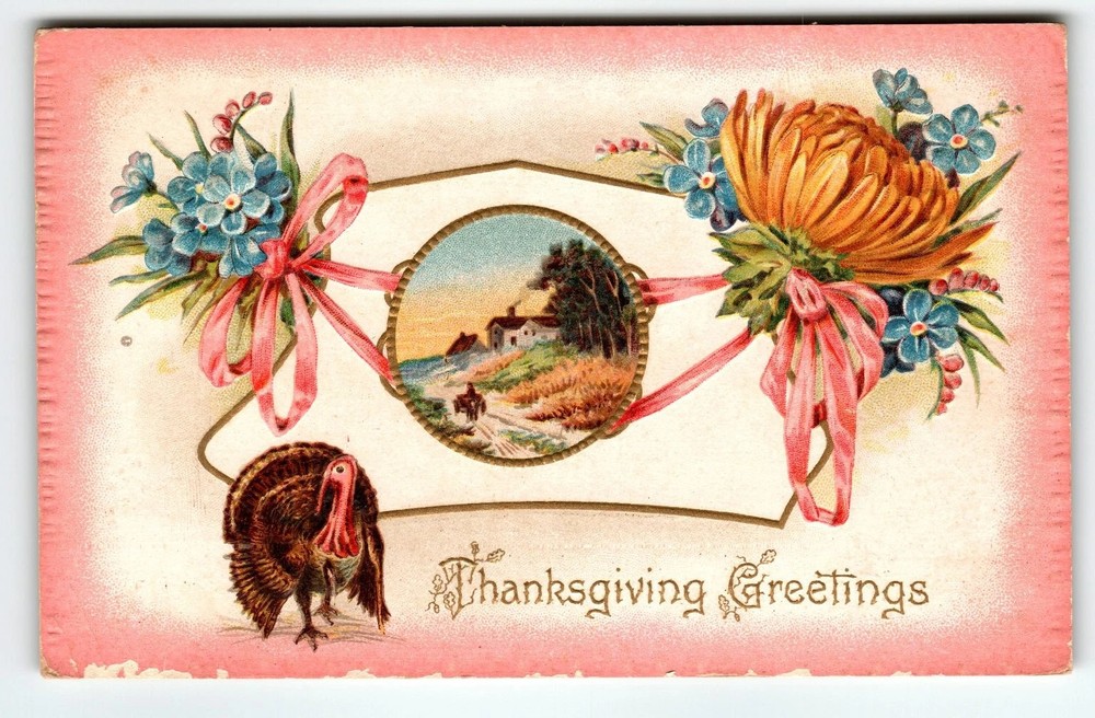 Vintage 1911 Thanksgiving Lithograph Postcard with Turkey & Flowers
