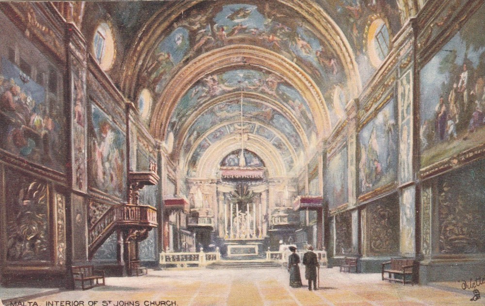 Malta The Interior of St. Johns Church Vintage Tuck's Souvenir Postcard