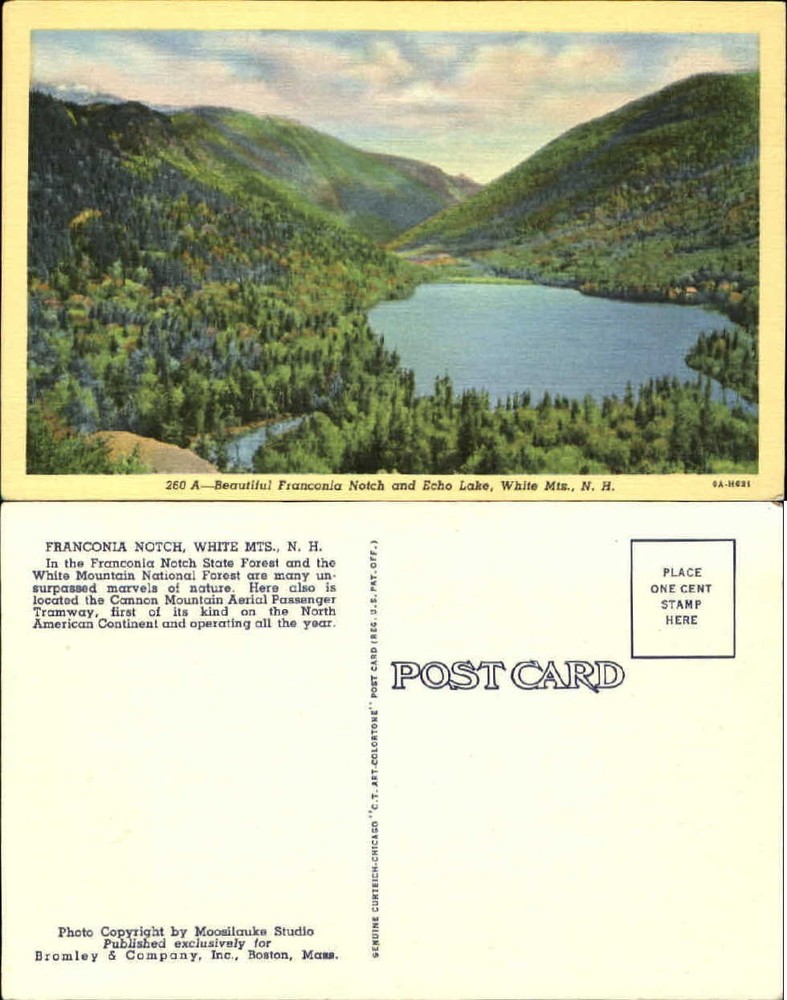 Franconia Notch Echo Lake White Mountains NH panorama linen unused postcard