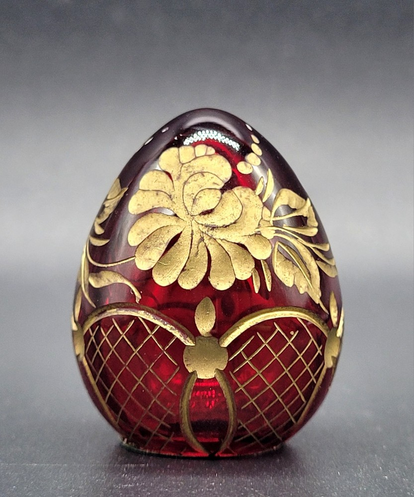 Vtg Russian Faberge Hand Cut Crystal Ruby Red Egg Gold Gilt 3-Sided Orig Label