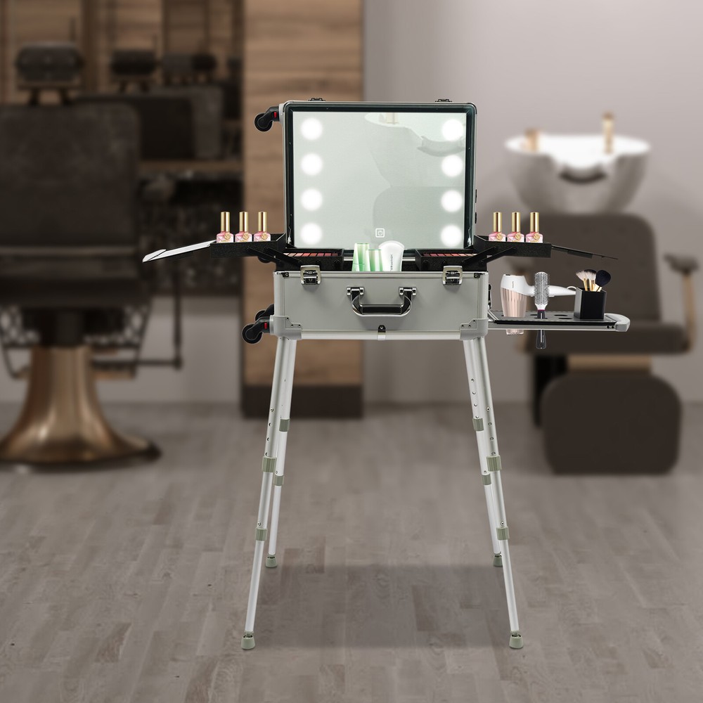 Professional Makeup Train Case Rolling Cosmetic Trolley Storage Case w/LED Light