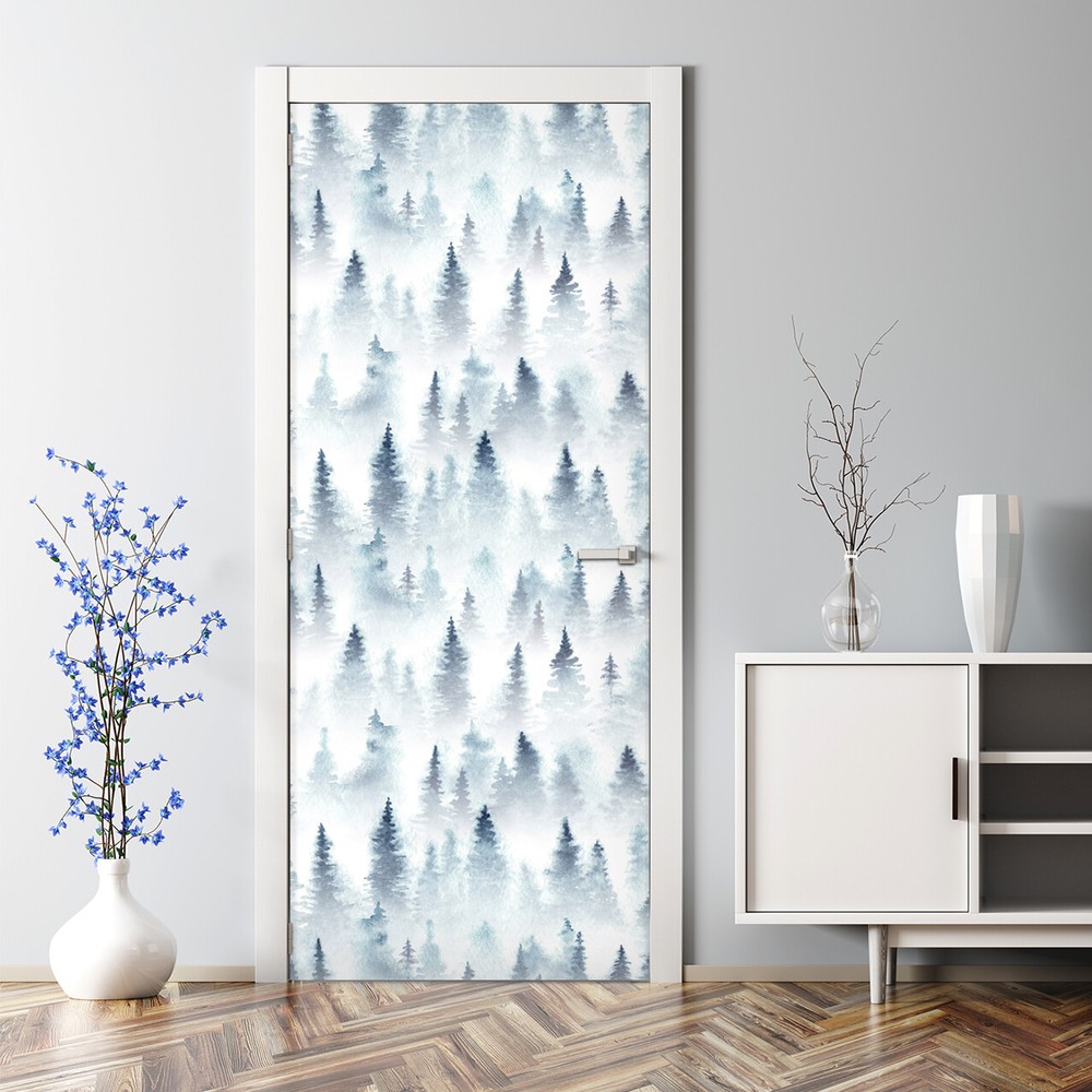 Foggy forest bubble-free blue and white door sticker for home decor