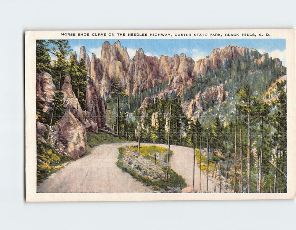 Postcard Horse Shoe Curve Needles Highway Black Hills South Dakota USA