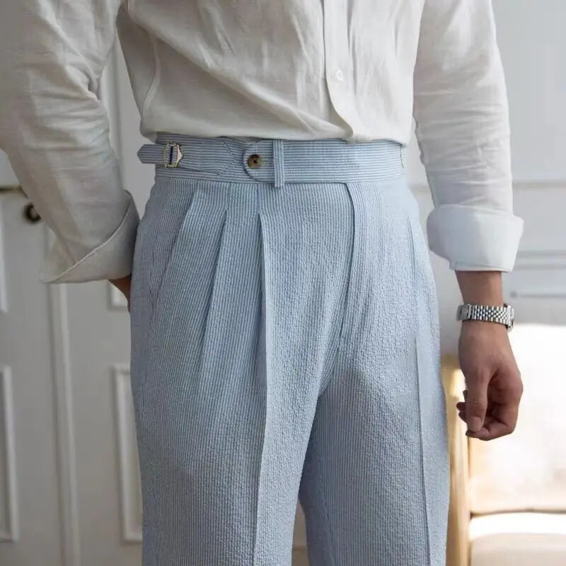 Italian Style Men's Blue Stripe Seersucker High Waist Casual Pant - Naples Suit