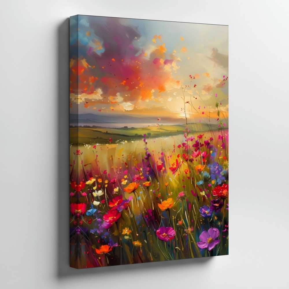 Colorful Wildflower Meadow Canvas Wall Art Sunset Floral Landscape Print Home
